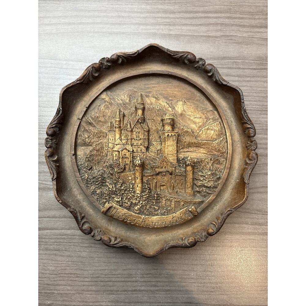 Vintage German Neuschwanstein 3D Hand Carved Wooden Wall Plate 7 Inch